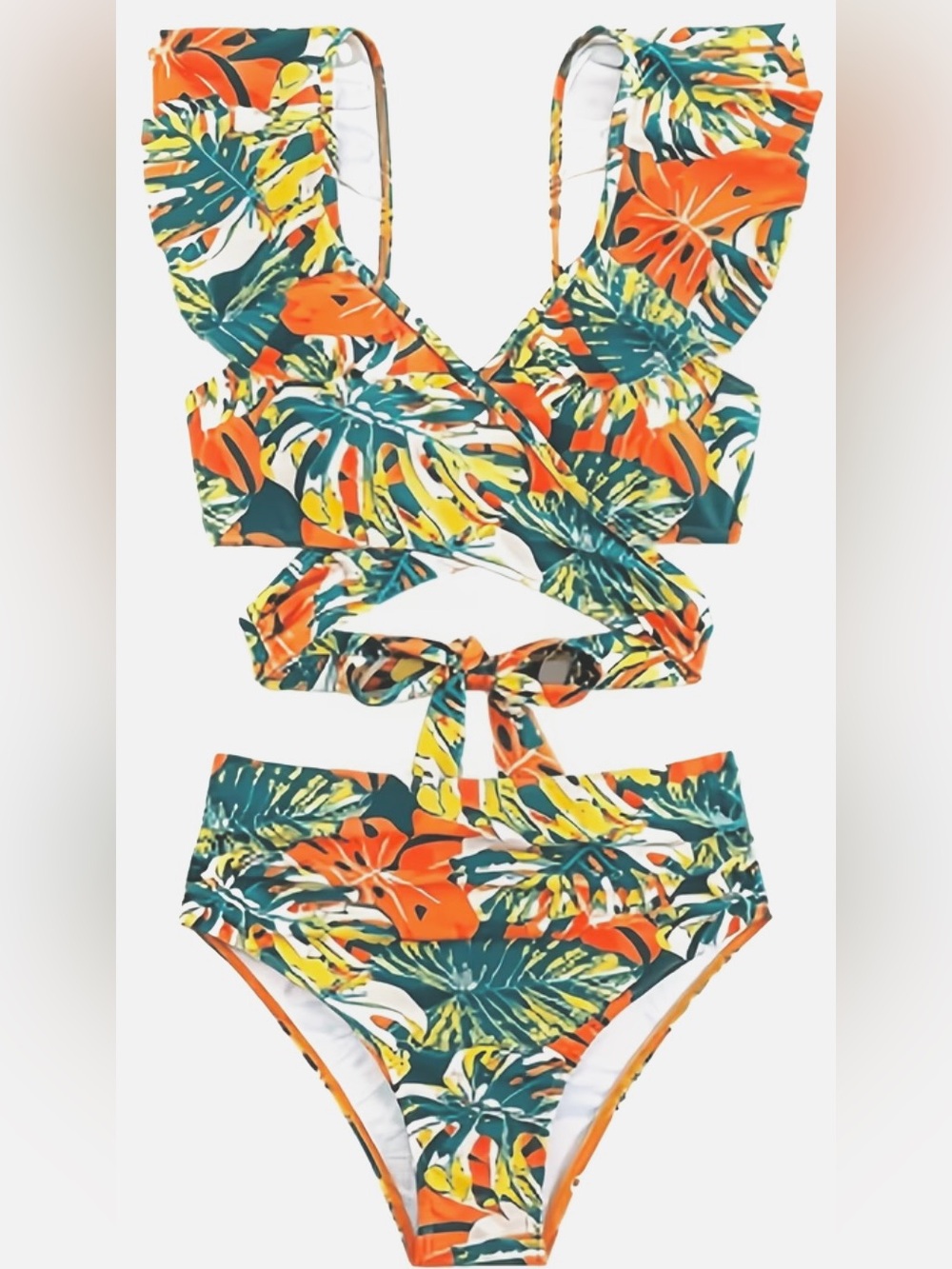 Tropical Floral Ruffle High-Waist Bikini - Orange & Blue - Picture 4 of 6